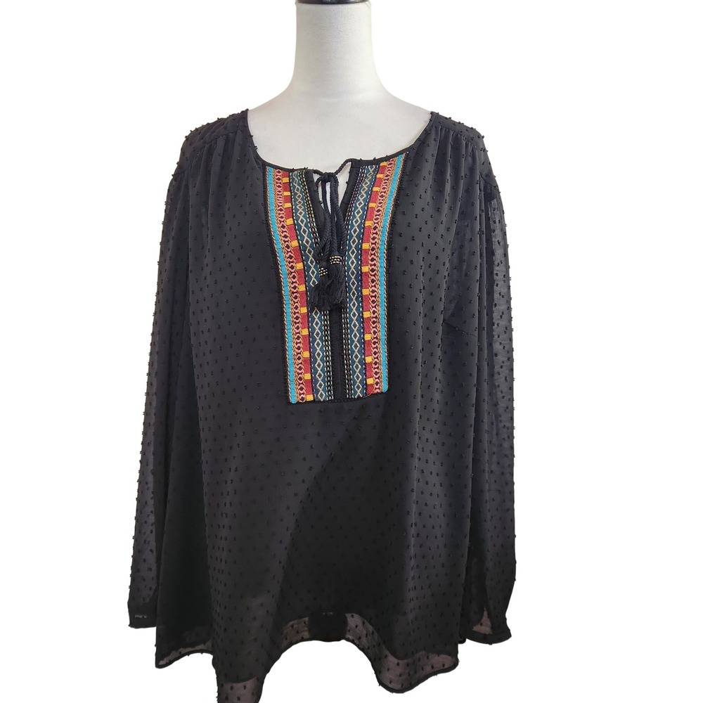 Daniel Rainn Womens 2X Top Black Textured Boho Embroidered Tassels Hippie Blouse